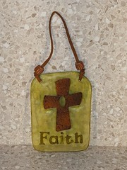 Green Glass Faith Cross Suncatcher/ Ornament Keepsake Gift Beaded Leather Strap