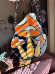 Stained Glass Orange Mushroom Window Suncatcher w/ Chain Hanging Decor