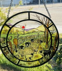Decorated Stained Glass Like Window Round Shepherd With Sheep & Dogs Scotland