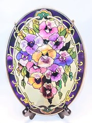 Floral Multicolored Stained Glass Sun Catcher Oval Shaped Design Amia 9.5″ H