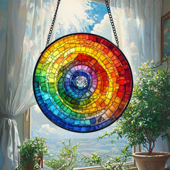 Rainbow Spiral Stained Glass Suncatcher: Handmade Window Art