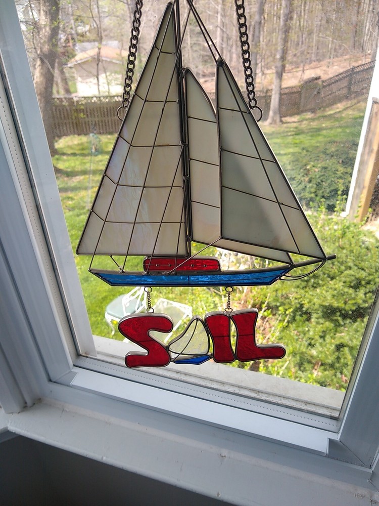 Handmade Large 14″x9″ Heavy Sail Boat Stained Glass Window Hanging Sun catcher
