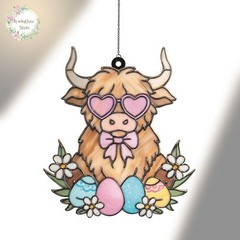 Easter Highland Cow Suncatcher Acrylic Window Decor Gift Farm