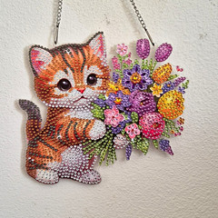 Cat Floral Hanging Suncatcher Wall Decor, Plastic, Rhinestone/Beaded, Chain