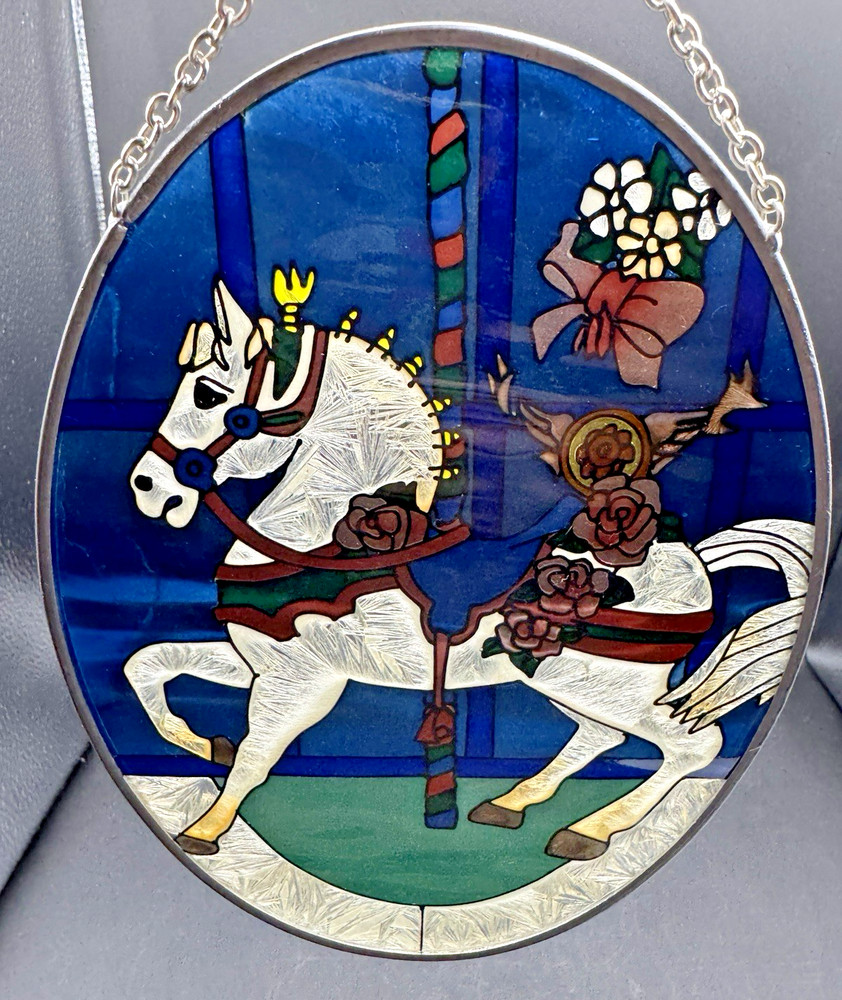VTG White Carousel Horse, Suncatcher Wall Hanging, Oval w/ Chain, 7″ X 5″