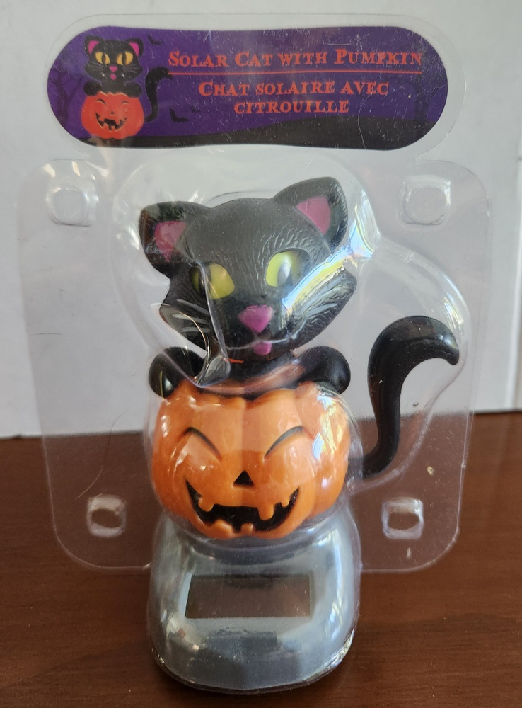 Solar Dancing Black Cat Pumpkin Halloween Holiday Winter Bobble Head Tail Moves