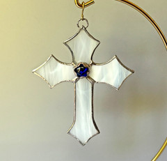Artisan Made Stained Glass Cross Sun Catcher White Cobalt Blue 4.5″ H Window Art