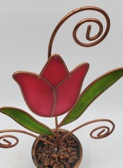 Vintage SunCatcher Red Tulip Green Leaves Metal Brown Flower Pot Photo Holder 6″