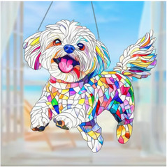 Large Maltese Dog Suncatcher-Acrylic Stained Glass Look Window Hanging, 7.3X7.8″