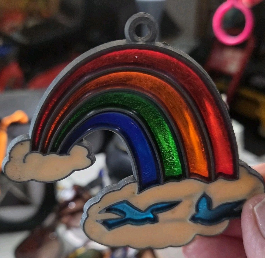 Vintage Stained Glass Rainbow w/Clouds & Birds Sun Catcher Window Ornament Pride