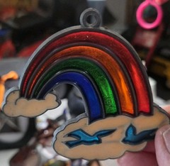 Vintage Stained Glass Rainbow w/Clouds & Birds Sun Catcher Window Ornament Pride