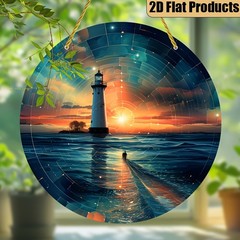 Ocean Sunset Lighthouse Silhouette Sea Wave Round Acrylic Suncatcher Decor
