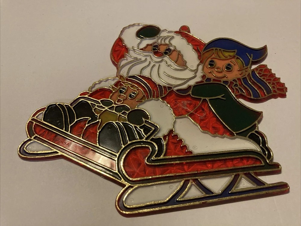Vtg Christmas Plastic Sun Catchers Santa & Elves Window Decor Stained Glass
