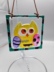 Fused Glass Owl Suncatcher 4″ by 4″ whimsical Cottage Core 18