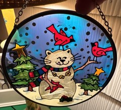 JOAN BAKER DESIGNS Snowman Cat Glass Suncatcher Pewter Trim Christmas Ornament