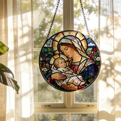 Virgin Mary Baby Jesus Stained Glass Suncatcher Window Art Decor, 7.9″ Round