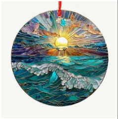 2D Ocean Beach Lake Sunset Stained Glass Look Suncatcher Ornament – 3″