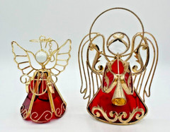 Vintage Red Stained Glass Angels w/ Brass Ornament/Suncatcher & Votive Holder