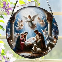 Stained Glass Nativity Scene Suncatcher, 8″ Window Hanging Ornament, Christian D