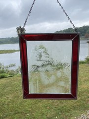 Etched Glass Gild Hugging Santa Suncatcher, Wall Hanging Art 12.5” X 10.5” @72