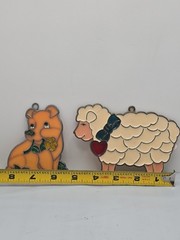 2 Vintage Suncatcher SHEEP / LAMB & Pig Ornaments Stained Glass Acrylic Metal