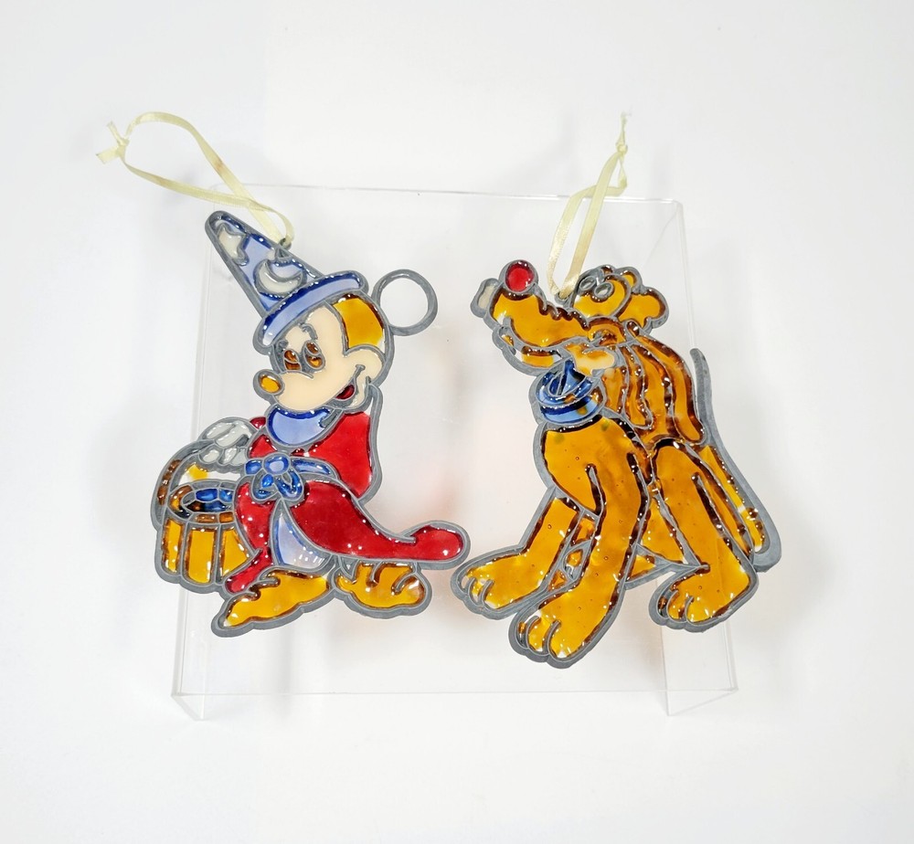Disney vintage stained glass sun catchers Wizard Mickey and Pluta with ribbon