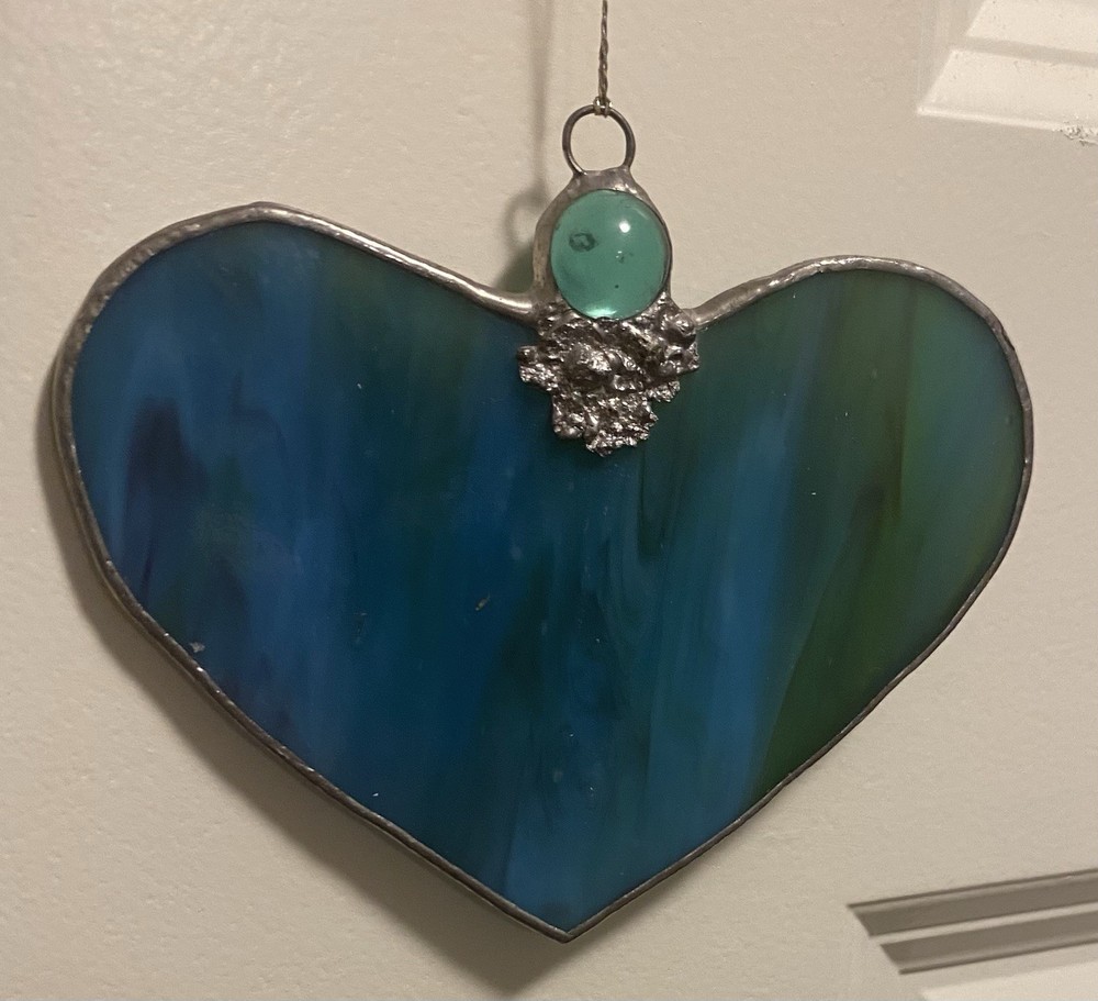 Handmade 4” Heart Shaped Blue/Green Glass Suncatcher Ornament With Hanger