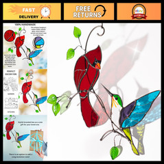 Stained Glass Hummingbird & Cardinal Suncatcher – Unique Window Hanging Decor