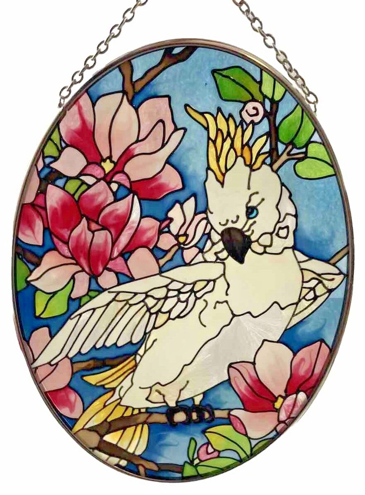 White Cockatoo Painted Glass Oval Sun Catcher 5.25″ x 7″