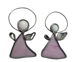 Vintage Stained Glass Angel Suncatcher Set of 2 Pink & White Ornament 5” Leaded