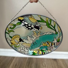 Vintage Window Art Suncatcher Tropical Fish Oval Hand Painted Glass Beach Ocean