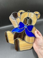 Vintage Stained Glass Teddy Bear Sun catcher Handmade Blur Bow 9.5 Inch