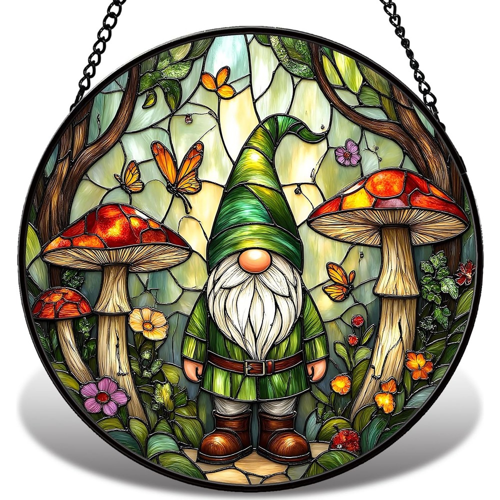 Gnome Stained Glass Suncatcher with Mushroom & Butterfly – Whimsical Home Decor