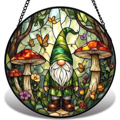 Gnome Stained Glass Suncatcher with Mushroom & Butterfly – Whimsical Home Decor