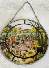 Decorated Stained Glass Like Window Round Shepherd With Sheep & Dogs Scotland