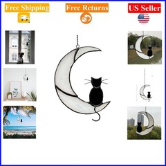 Black Cat on White Moon Stained Glass Suncatcher – Memorial & Halloween Decor
