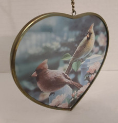 Vintage Enesco Heart Shaped Glass Cardinal Birds Suncatcher