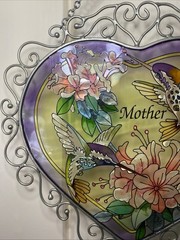 Stained Glass Hummingbird Sun Catcher Heart Shape Window Decor “Mother”