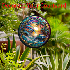Dolphin Ocean Sunset Suncatcher Stained Glass,Hanging Stained Glass for Windo…