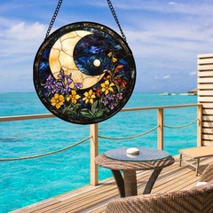 JOSUMALY Stained Glass Window Hanging – Blue Night Sky Moon Suncatcher for Do…