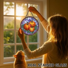 Pumpkin Patch Stained Glass Sun Catcher – Indoor Window Decor 7.8in