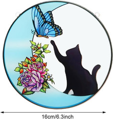 Stained Glass Window Hanging Suncatcher Cat Butterfly on the Moon Suncatcher Dec