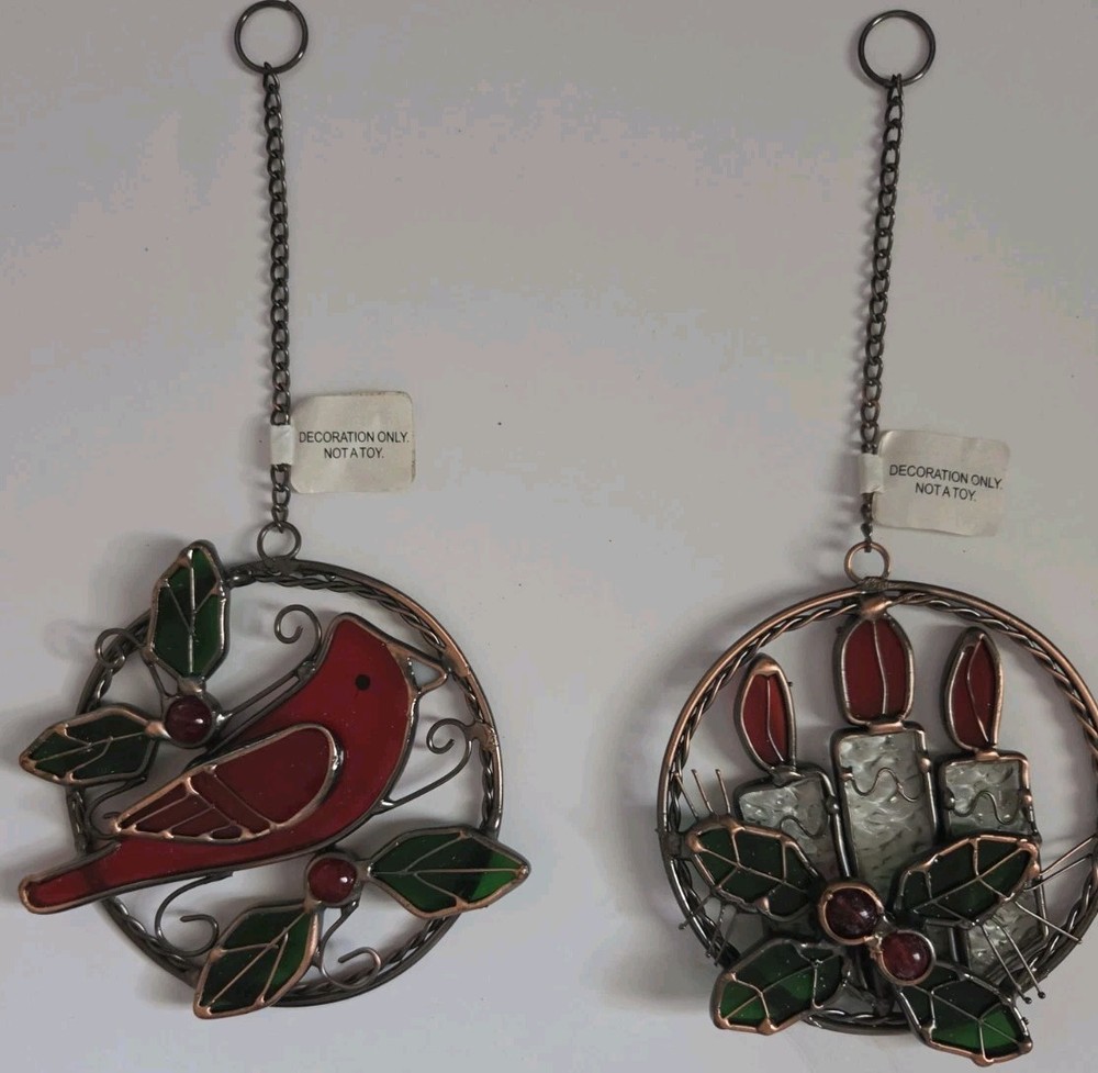 NEW Stained Glass Christmas Holiday Ornament Sun Catcher Cardinal & Candles