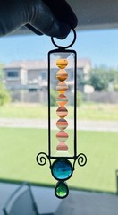 Leaded Glass Suncatcher Beveled Concave Cut Glass Blue Green Glass Gems 6.5”