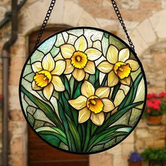 “Stained Glass Daffodil Sun Catcher Panel for Home Decor and Gifts”