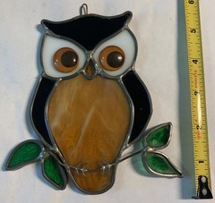 Vintage Stained Glass Sun Catcher Window Barn Owl Amber Brown Orange 5.5”