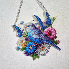 Multicolor Bird & Flowers Rhinestone Hanging Suncatcher Window Decor, Chain