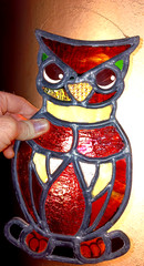 Vintage Signed CULLEN Stained Glass Owl Suncatcher Leaded Window Art 11” 70s MCM