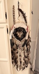 Vintage Large Native American Indian Suncatcher Suede Feathers NC Indian Artist