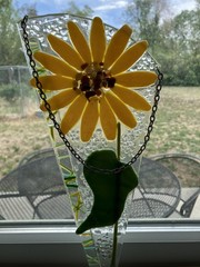 Fused Glass Colorful, Textured Sunflower Suncatcher w/ Hanging Chain Signed 11″